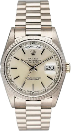 Rolex Day-Date 36 mm White Gold Silver Index Dial & Fluted Bezel President Bracelet Watch - 18239