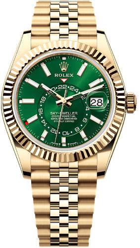Rolex Sky-Dweller Yellow Gold 42mm Bright Green Dial Fluted Bezel Jubilee Bracelet - 336938 - 2025