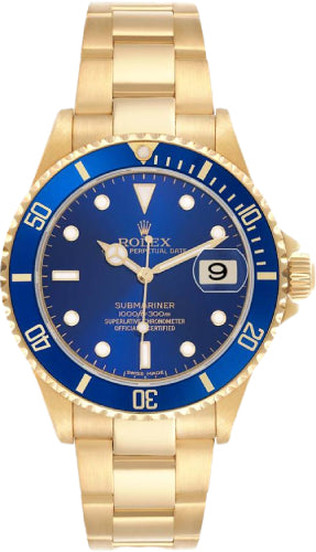 Rolex Submariner Blue 18k Yellow Gold 40mm Diver Oyster Date Watch - 16618